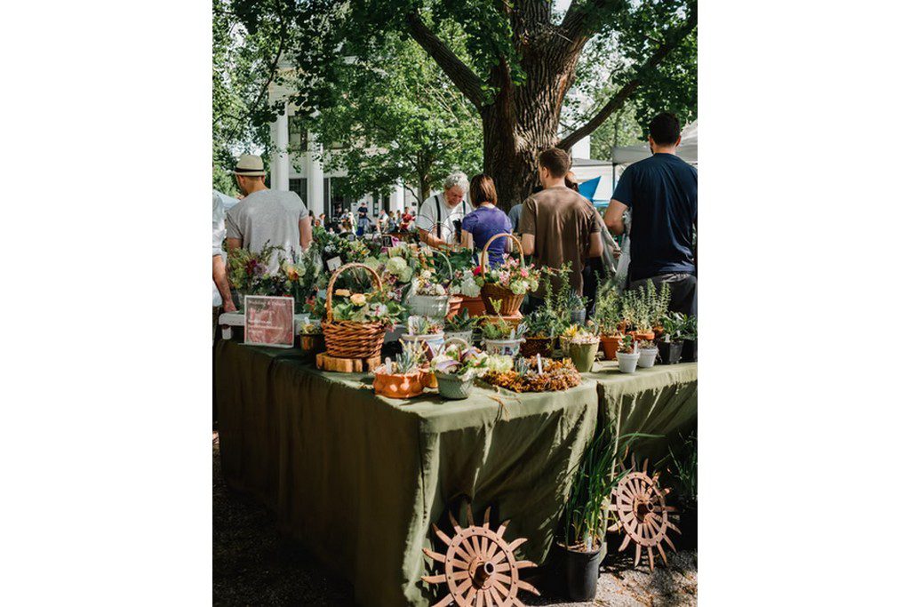 A table outdoors with flowers and people gathered around