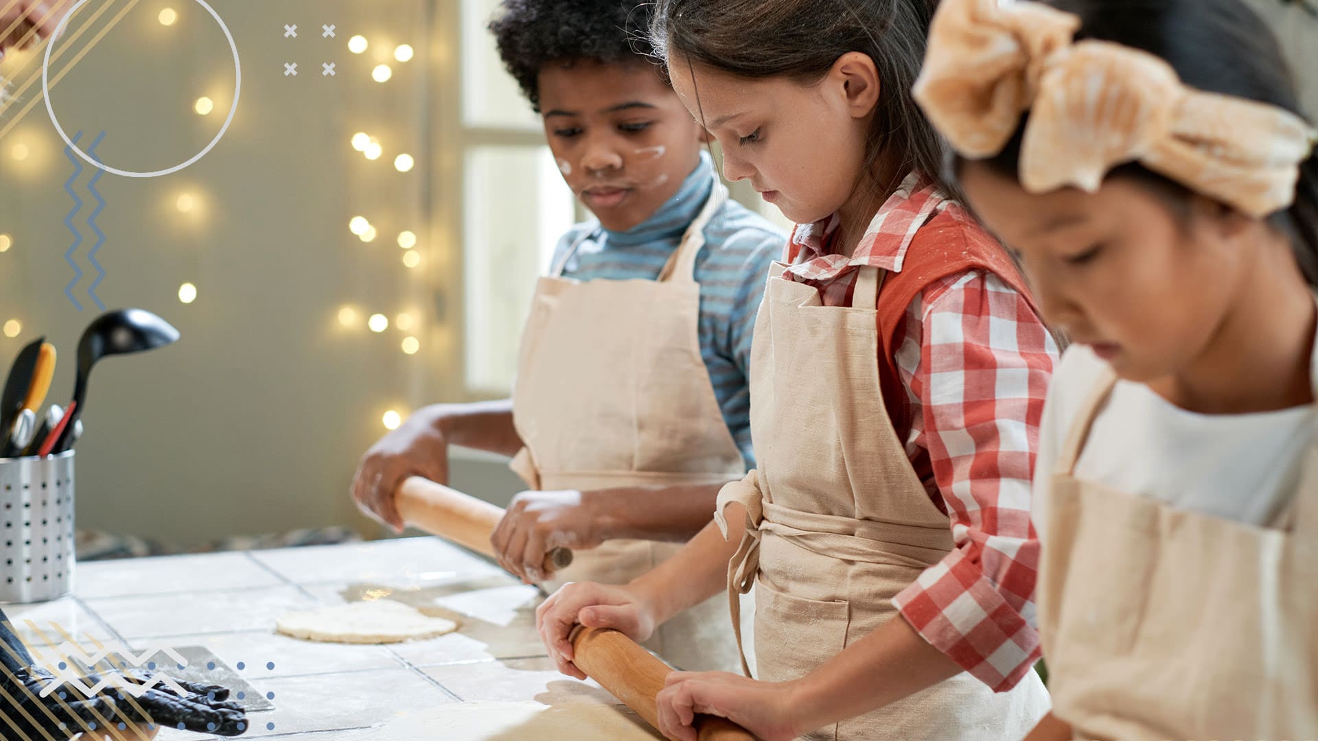 Schoool children with aprons on and holding rolling pins to bake for a school fundraiser