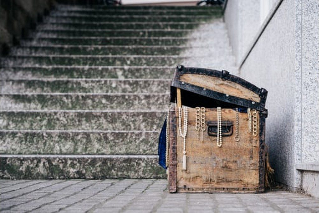 treasure chest at the bottom of stairs