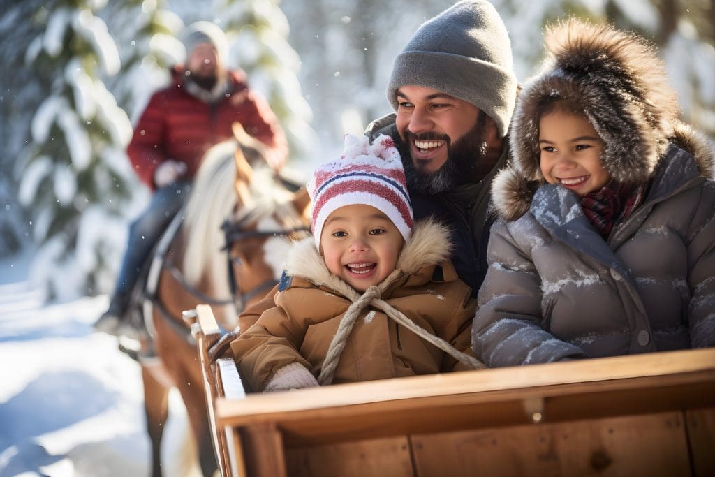 School age children on sleigh ride with parent as part of Christmas fundraiser