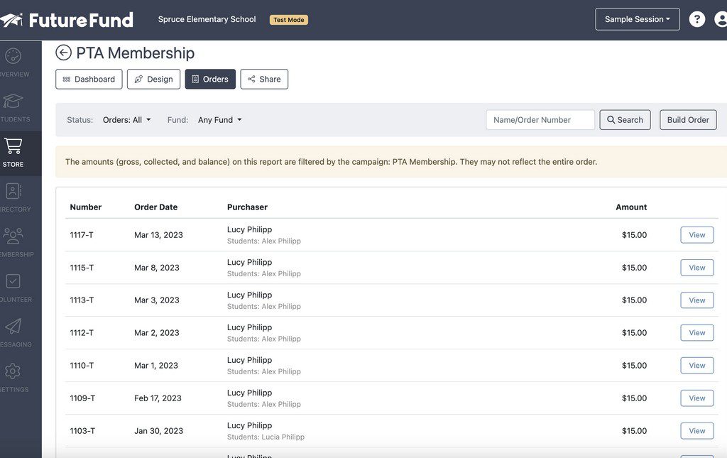 Orders screen showing members signed up during Future Fund Membership Campaign