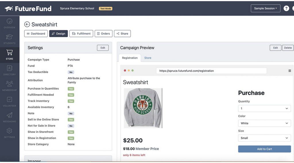 Design page for purchase product campaign to sell school spirit wear in FutureFund