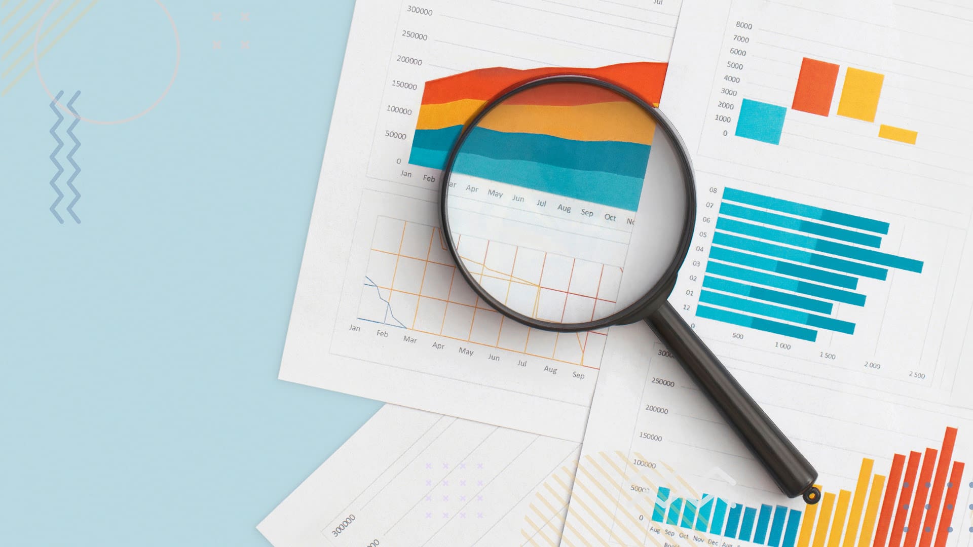 Magnifying glass looking into data, graphs and charts