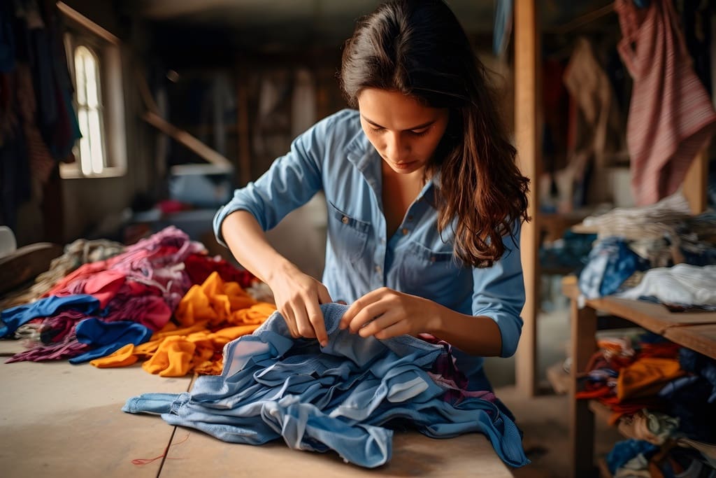 High school student making sustainable outfit from old clothes for school fashion show fundraiser