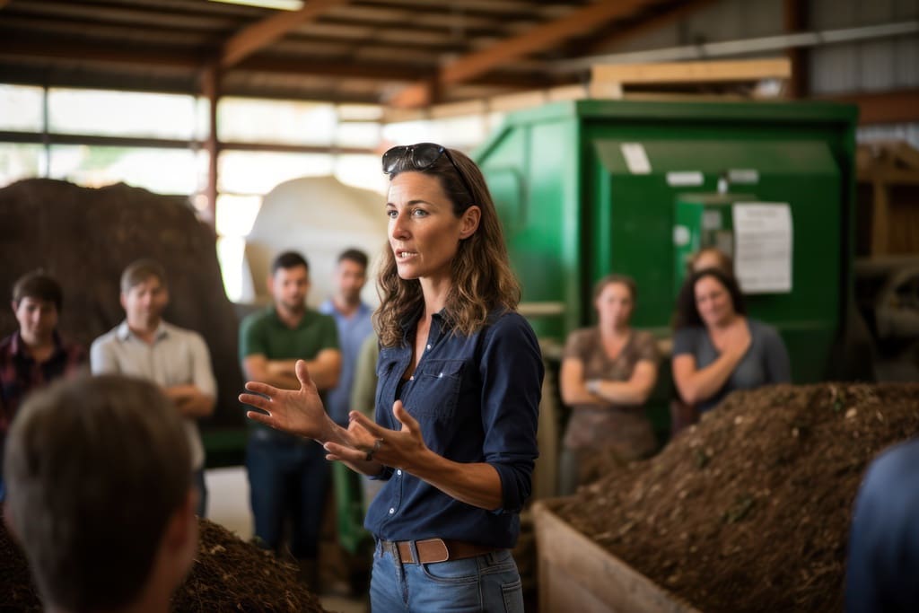 Expert at eco-friendly green workshop talking to students