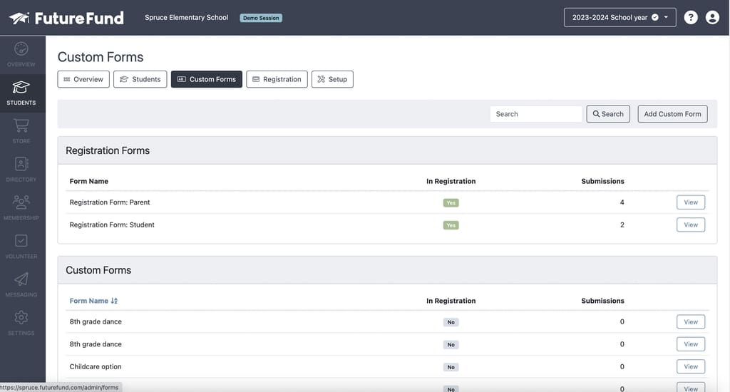 Custom forms screen in FutureFund used to sign-up students for special eco-friendly fundraising events