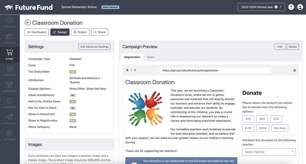 Example of classroom donation campaign created with FutureFund for back to school fundraiser