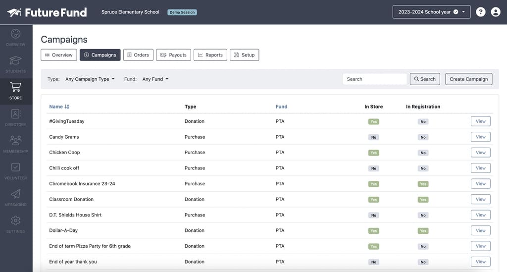 FutureFund campaign screen showing multiple concurrent campaigns