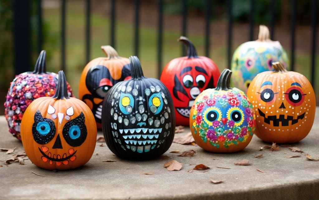 Pumpkins decorated for pumpkin painting school fundraiser