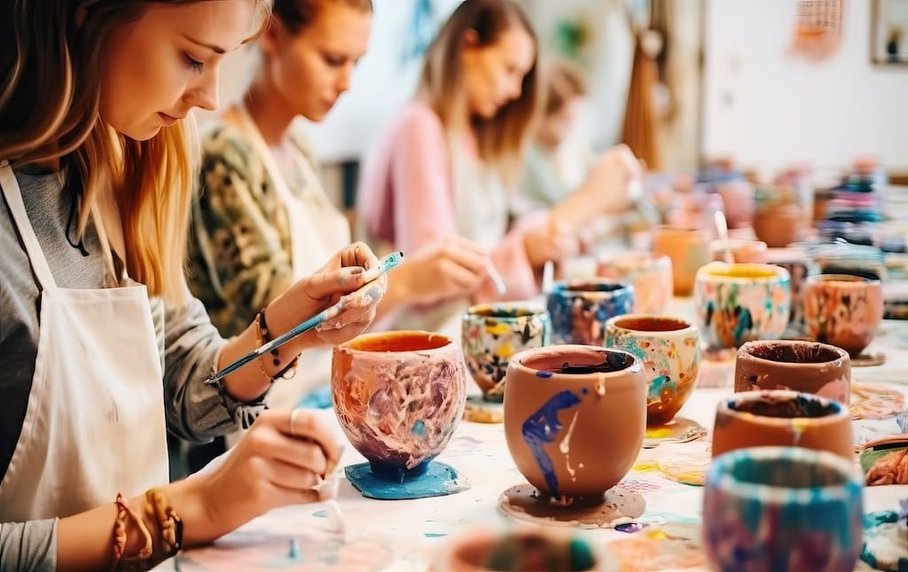 Group of High School Age Students Painting Clay