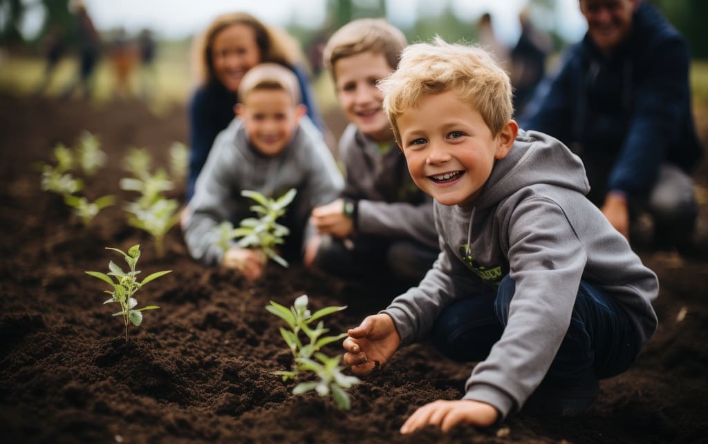 Smiling elementary school students near plants to symbolize Earth Day school fundraiser in April