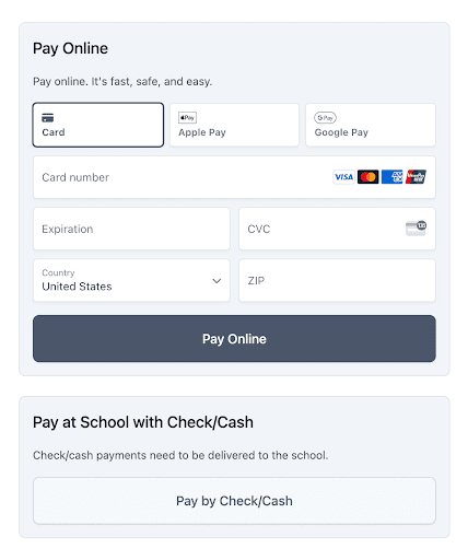 Interface of FutureFund screen options for paying online or with check/cash
