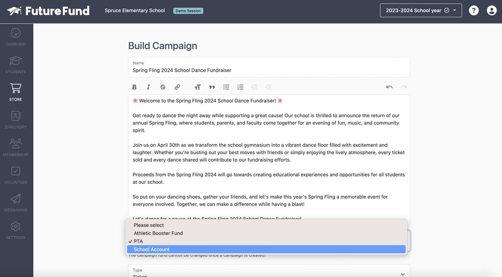 Choosing fund type for FutureFund ticket campaign