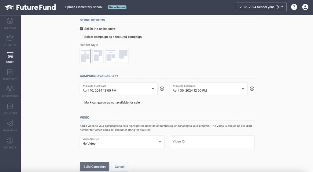 Choosing date range and launching FutureFund ticket campaign