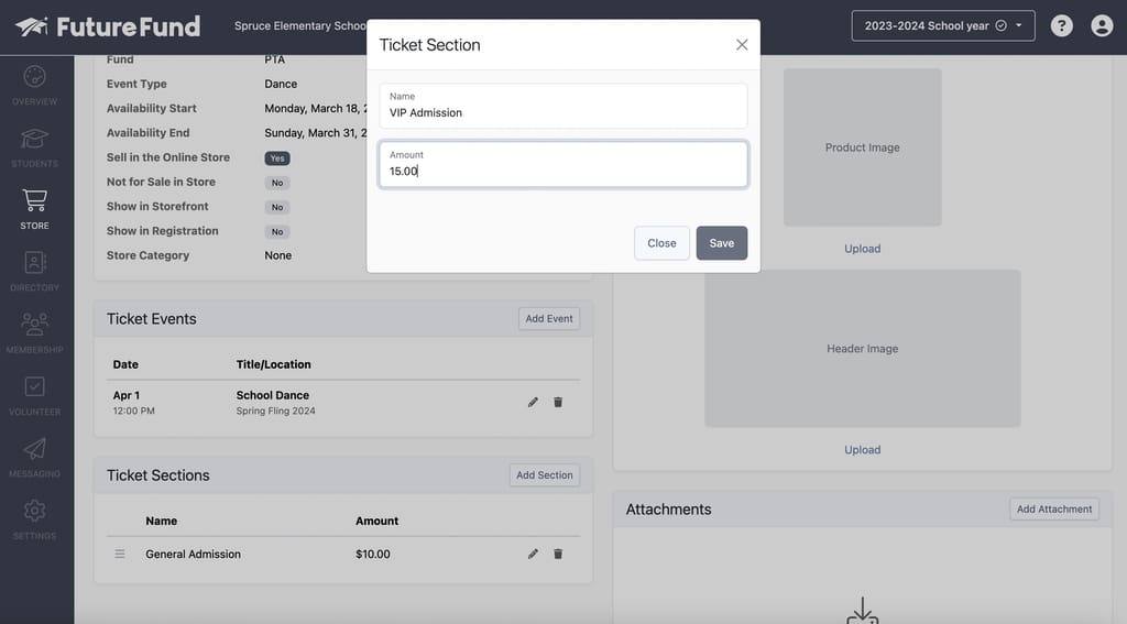 Ticket Sections window in FutureFund