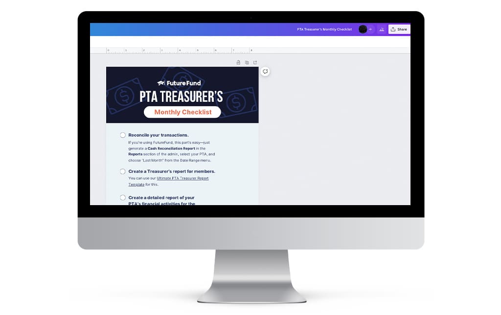 Image of desktop computer with FutureFund PTA Treasure's monthly checklist displayed