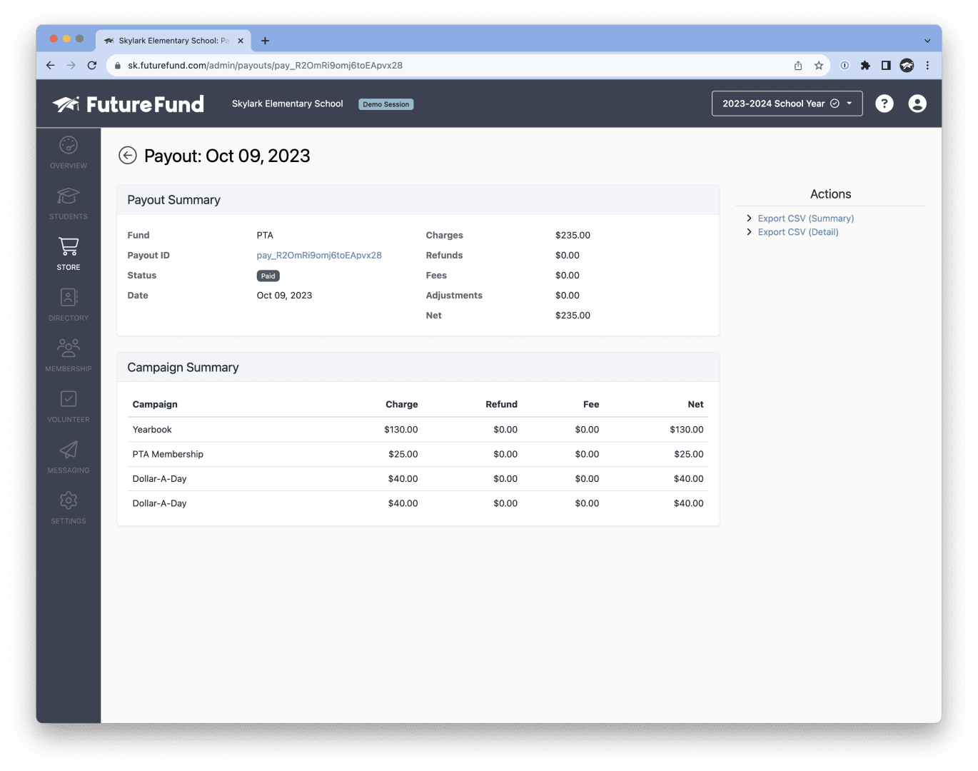 screenshot of admin payout screen