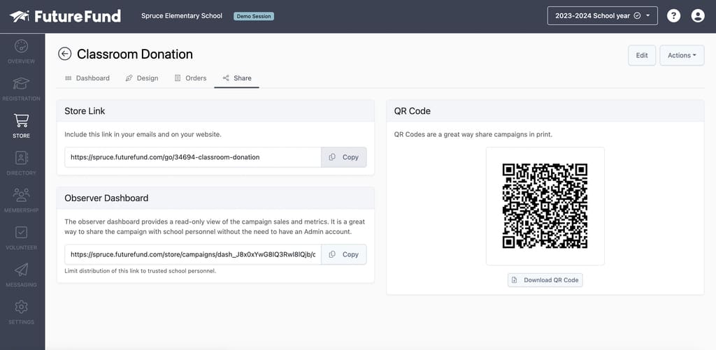 Getting shareable link and QR code for school fundraising campaign in FutureFund