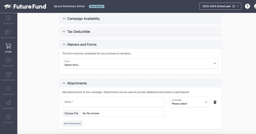 FutureFund store interface with waivers and forms and the attachments fields open